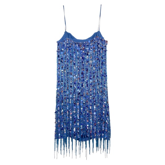 Alexis Sequin and‎ Bead Fringed Party Dress Blue Mini Cocktail Sleeveless - Picture 4 of 9